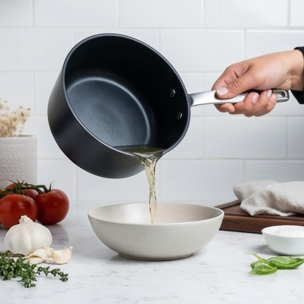 Hand pouring broth from a nonstick saucepan into a bowl on a kitchen countertop.